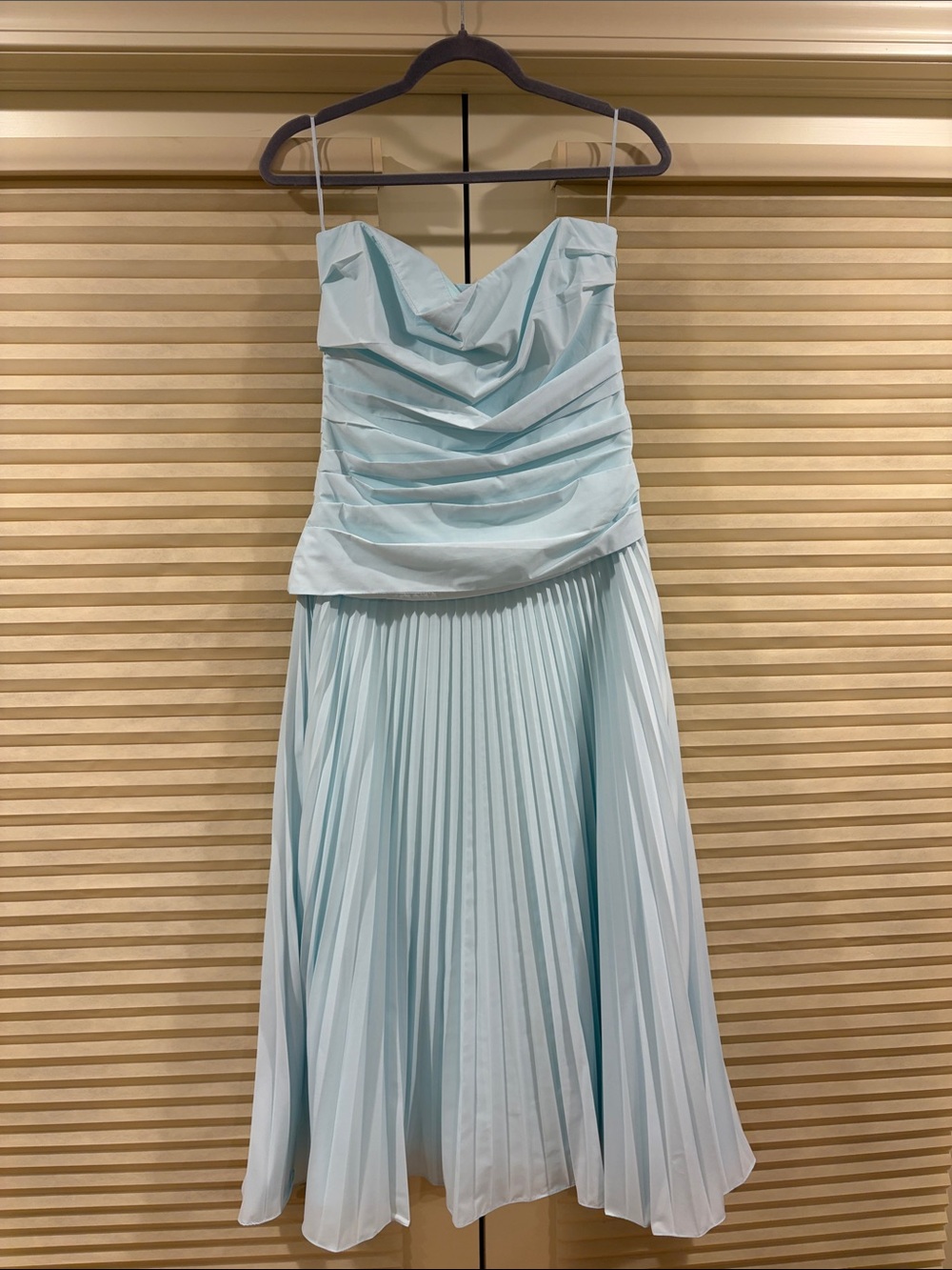 NWOT Simkhai Blue Strapless Pleated Midi Cotton Dress, Size US 6